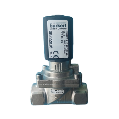 Burkert Tipo 6281 Servo Diafragma Solenoide 00323973 00323975 G1/2 hilo femenino 2/2 NC con anulación manual Cuerpo de válvula de acero inoxidable FKM Sello 13.0 orificio de flujo DC24V AC220V