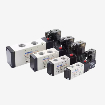 Válvula solenoide neumática Airtac 4V110-M5 5/2 vías de pilotaje interno con puerto roscado M5, protección IP65, presión de trabajo 0.15-0.8Mpa, presión de prueba 1.2Mpa, no requiere lubricación