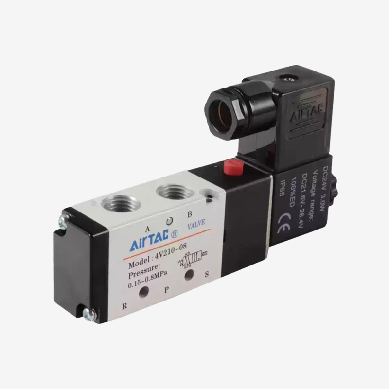 Válvula solenoide neumática Airtac 4V110-M5 5/2 vías de pilotaje interno con puerto roscado M5, protección IP65, presión de trabajo 0.15-0.8Mpa, presión de prueba 1.2Mpa, no requiere lubricación