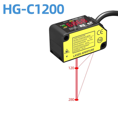Detector de desplazamiento láser rojo visible HG-C1200, 0.05% FS por grado C de estabilidad de temperatura, modo seleccionable luz encendida/oscura para prueba de posición industrial